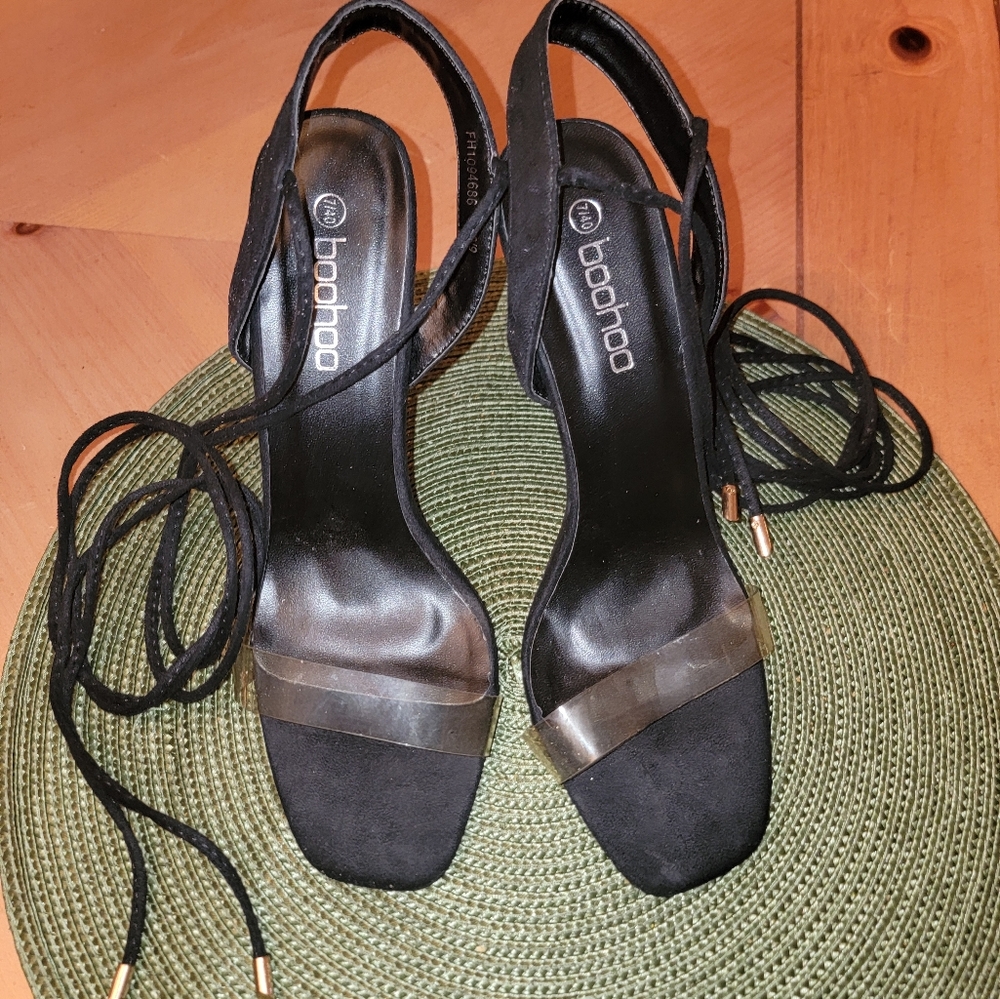 Black and clear fux suede heels
